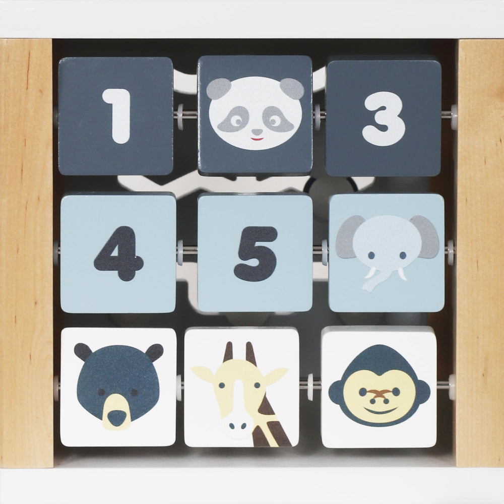 Touch Us wooden activity cube durable wood construction detail.