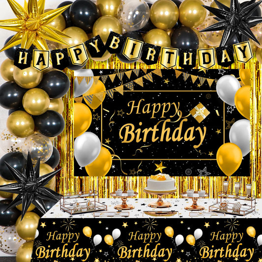 TOUPONS black and gold birthday banner adds an elegant backdrop for photos.