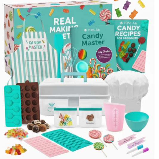 Tovla Jr Candy Lab set assembly shows a complete kid-friendly toolkit for safe candy making.