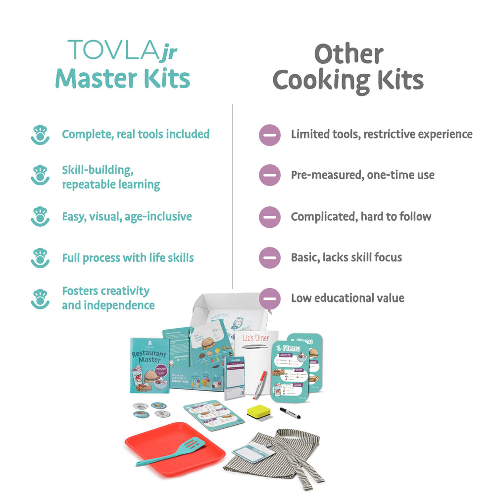 Tovla Jr. kid-sized server apron with ID tag fosters role-play and responsibility.
