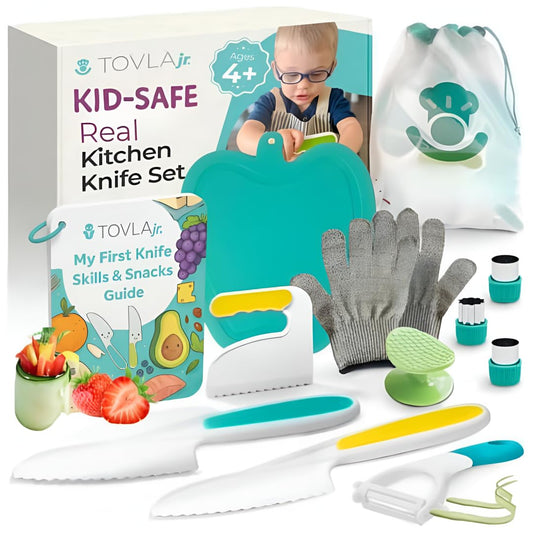 Tovla Jr. real knife for kids enables safe slicing practice.