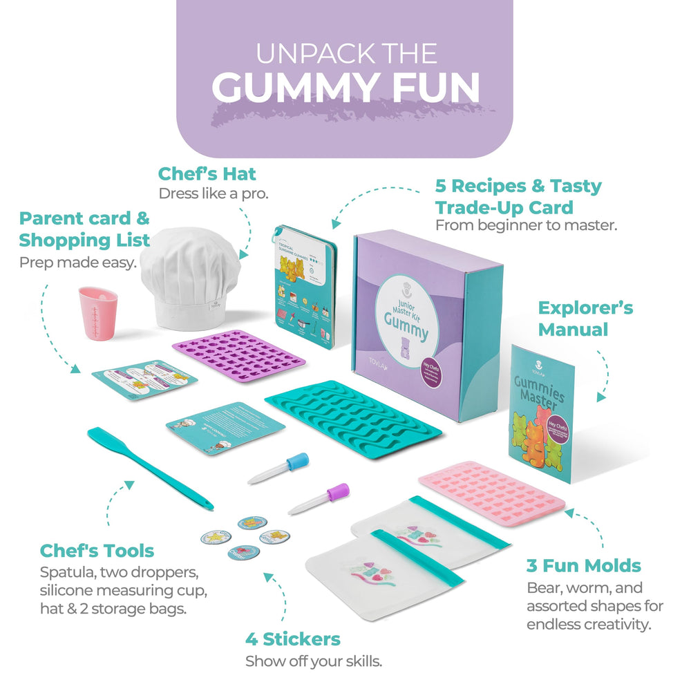 Tovla Jr Ultimate Gummy-Making Kit assorted shapes molds for customizable treats.