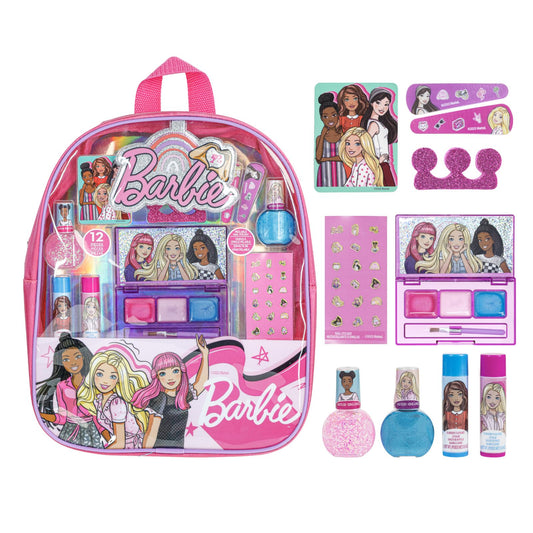 Townley Girl Barbie backpack front view with makeup set, perfect for parties and sleepovers.