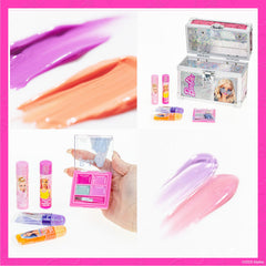 Townley Girl Barbie train case interior view with included lip products