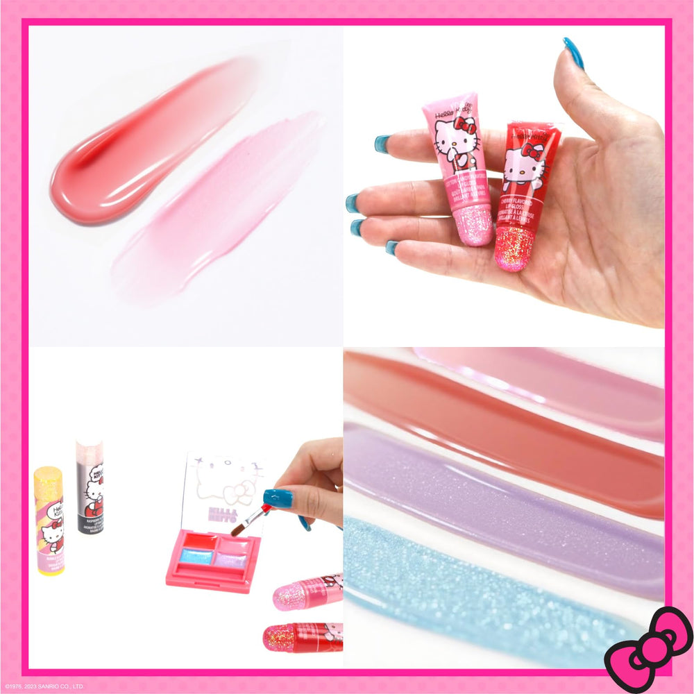 Shimmering Hello Kitty gloss tubes in bright packaging for fun looks.