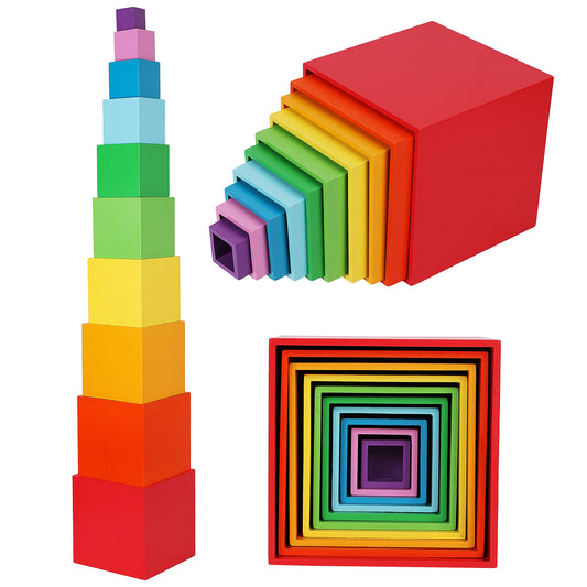 TOWO rainbow stacking boxes shown for color recognition and fine motor play.