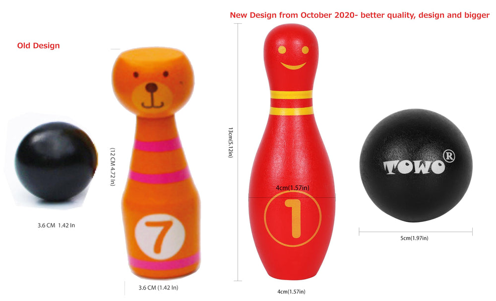 TOWO wooden skittles showing expressive faces on each pin.