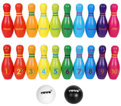 TOWO wooden skittles painted with safe, non-toxic finishes and sustainable wood.