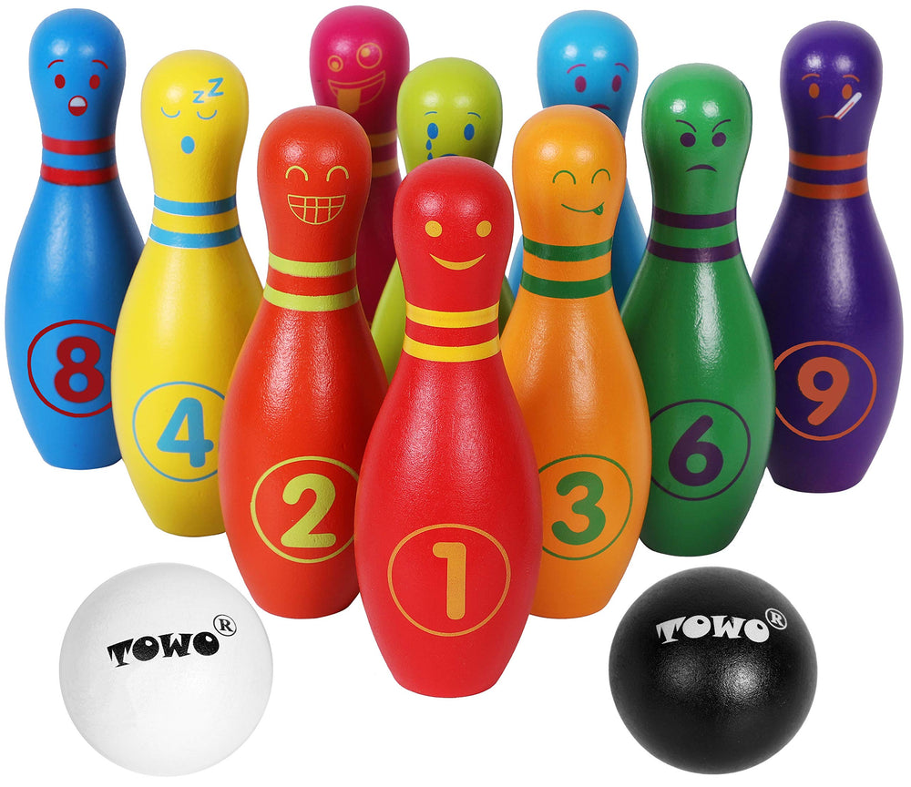 TOWO wooden skittles set with 10 pins for versatile indoor and outdoor play.