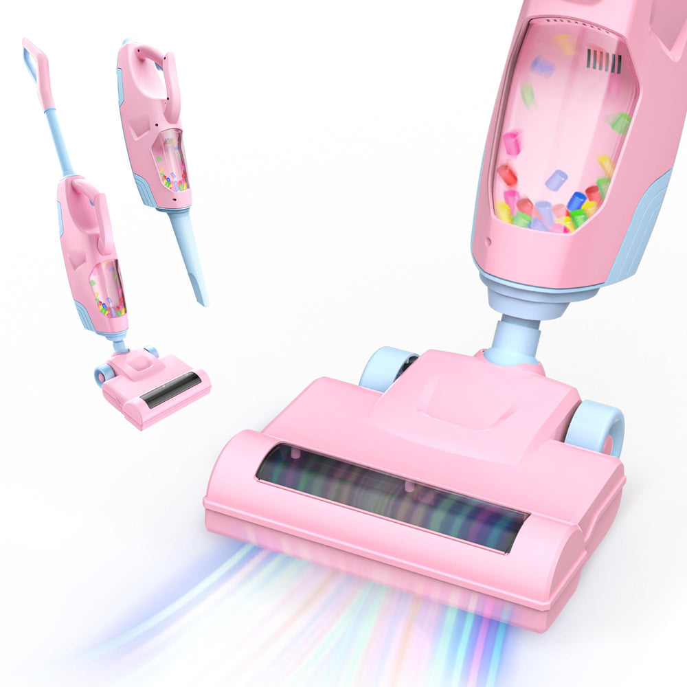 Toy Choi's 2-in-1 pink kids vacuum with side nozzle for pretend cleaning fun.
