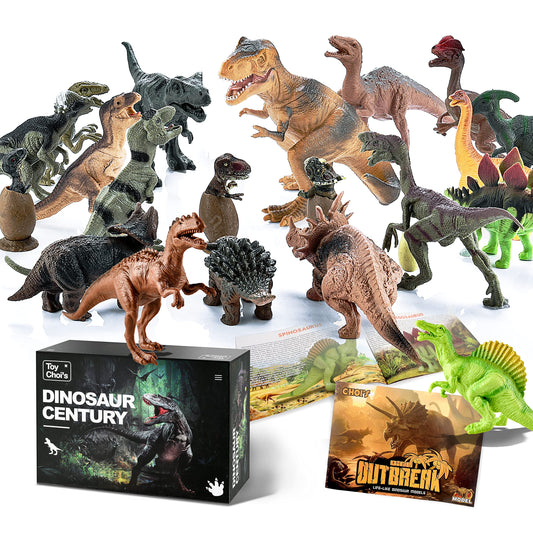 Toy Choi's dinosaur figures 20-pack laid out for imaginative play and learning.