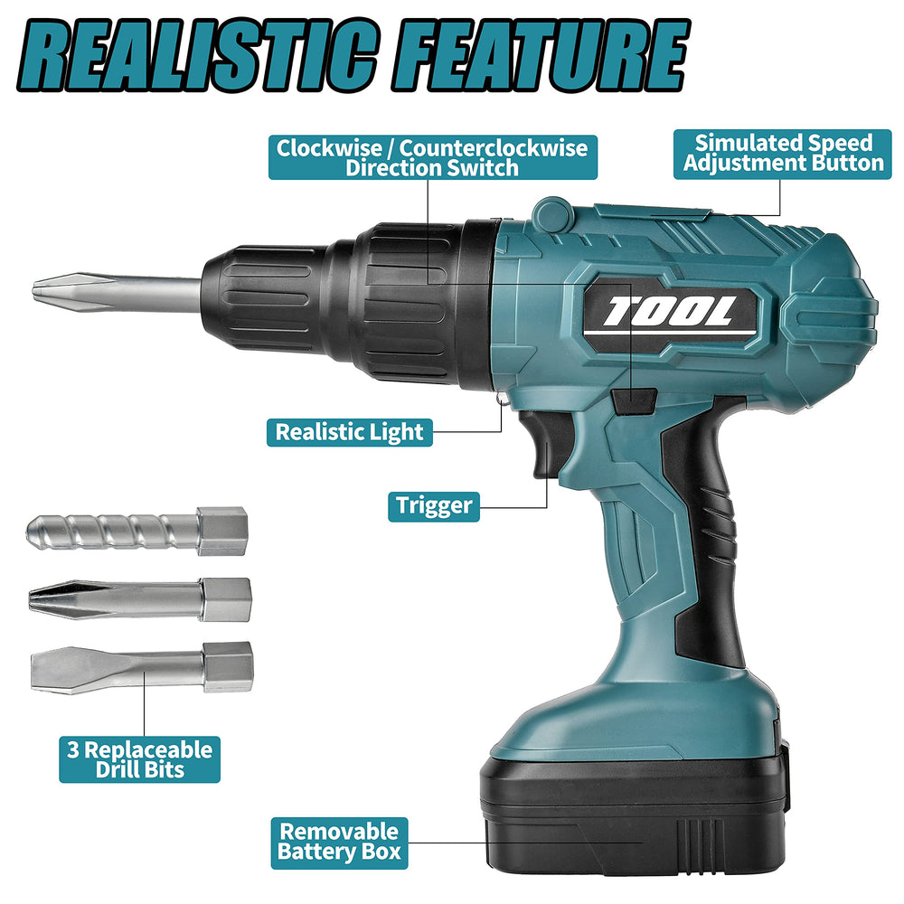 Toy Choi's Electric Drill with three bits rotates for varied pretend projects.