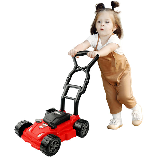 Toy Choi's Kids Lawn Mower handle close-up for easy outdoor pushing