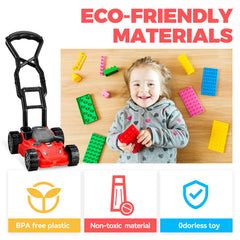 Toy Choi's Kids Lawn Mower in action during garden pretend play