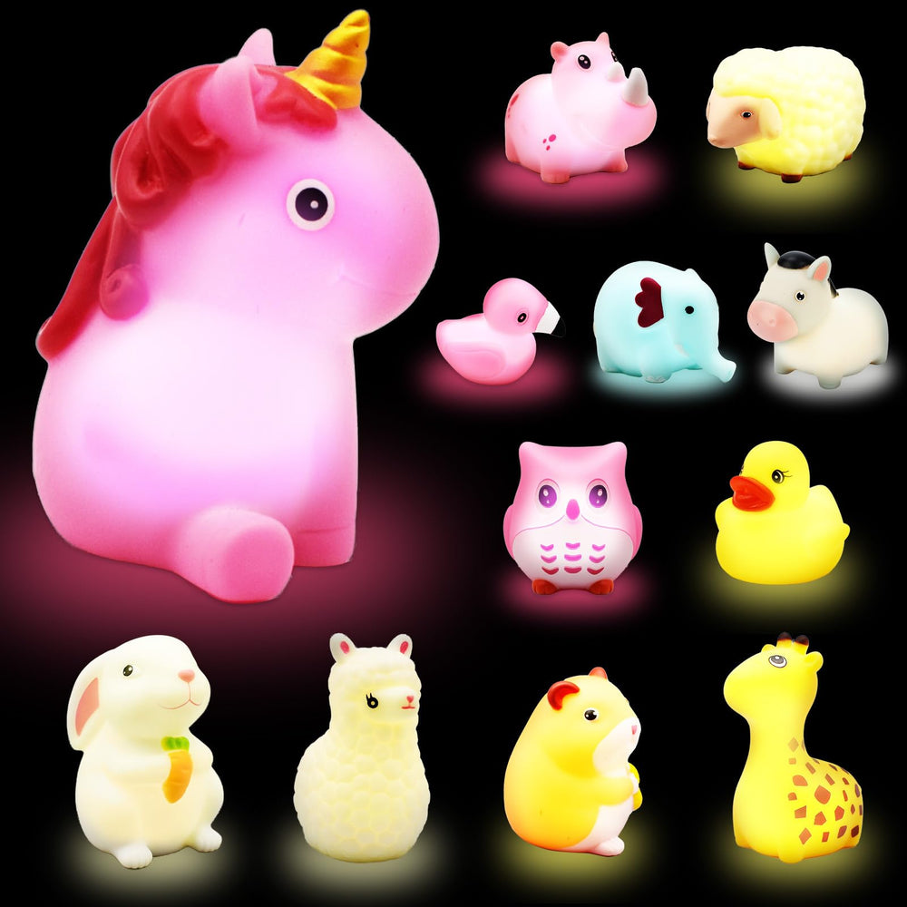 TOY Life 12-pc glow bath toys with vibrant animal designs for kids' bath time.