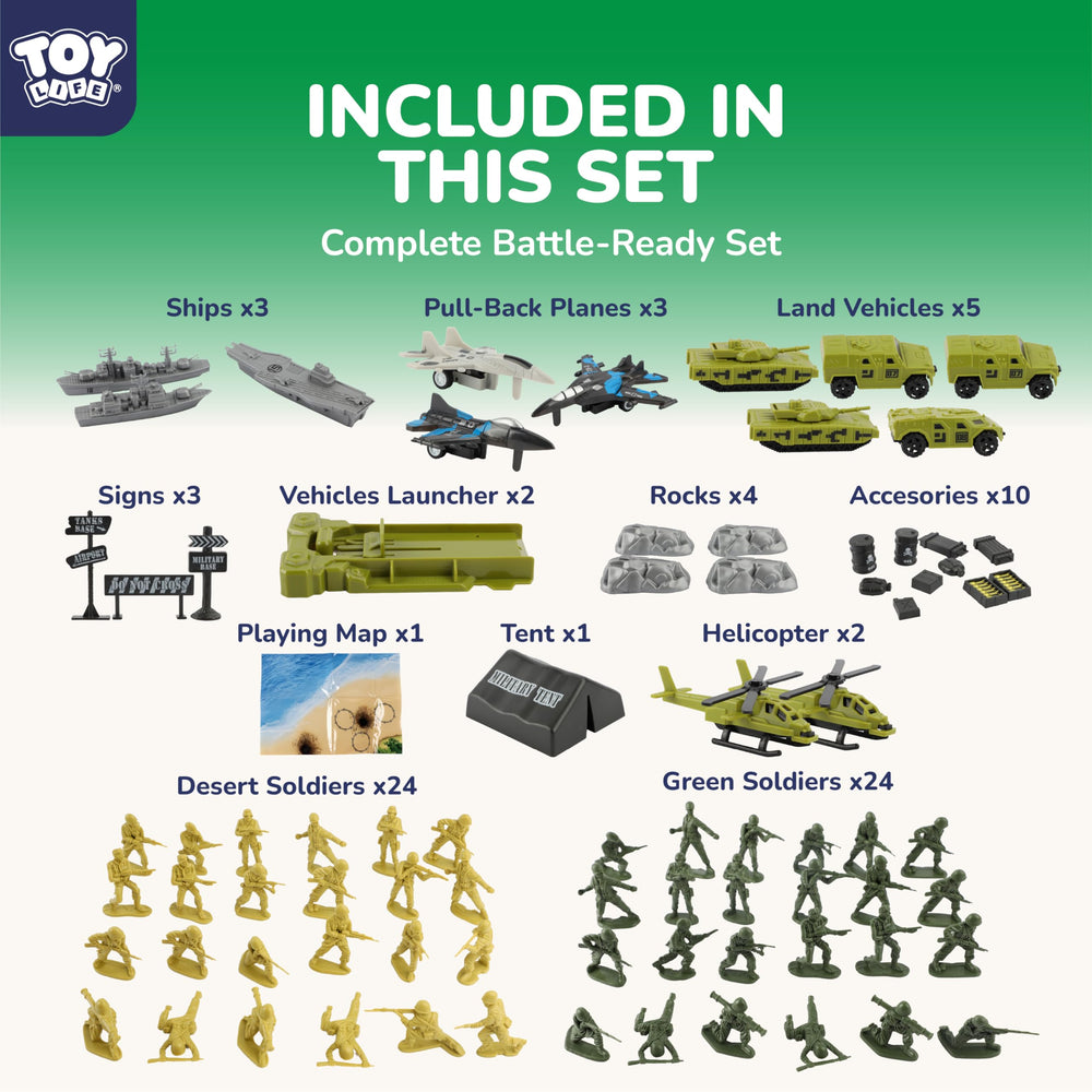 TOY Life army men playset tanks, planes, and ships for mixed battlefield play.