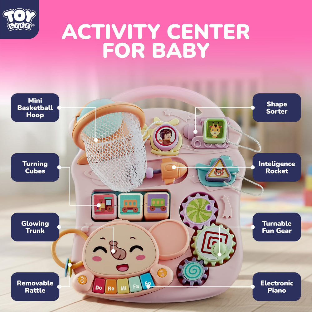 Detachable elephant piano adds musical play and hand-eye coordination opportunities.