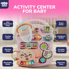 Detachable elephant piano adds musical play and hand-eye coordination opportunities.
