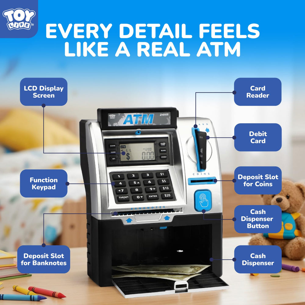 TOY Life Kids Bank ATM fingerprint scanner demo for interactive security practice.