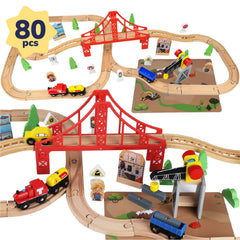 TOY Life wooden train set 80pcs with magnetic crane for imaginative play and fine motor skills.