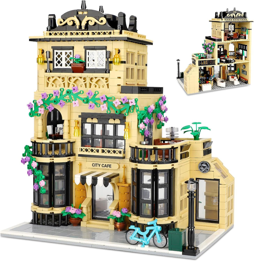 TOY PLAYER City Coffee Shop Building outer facade with durable bricks for creative play