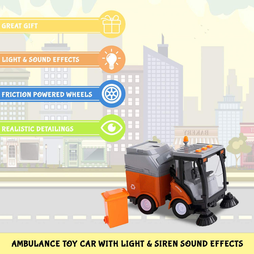 Toy To Enjoy Street Sweeper with Removable Garbage Can encourages hands-on roleplay.