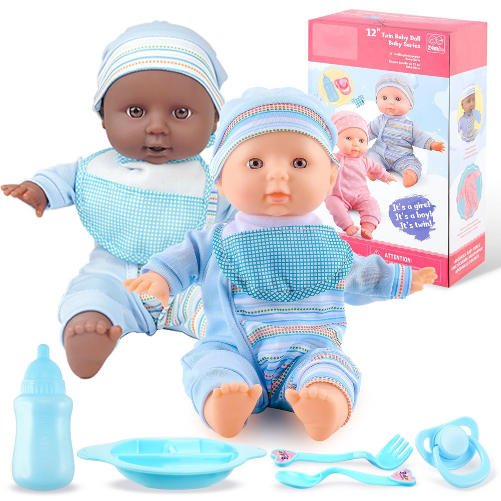 Toy Choi's Twin Baby Dolls in blue outfits for imaginative play and cuddling.
