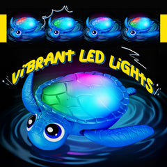 Toyjolka auto-swimming turtle in action with color-changing lights for calming bath time.
