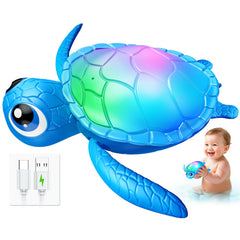Toyjolka electric swimming turtle gliding underwater with LED lights for bath fun.
