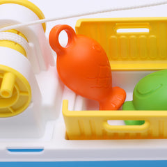Toyland boat with built-in wheels for rolling play on smooth floors