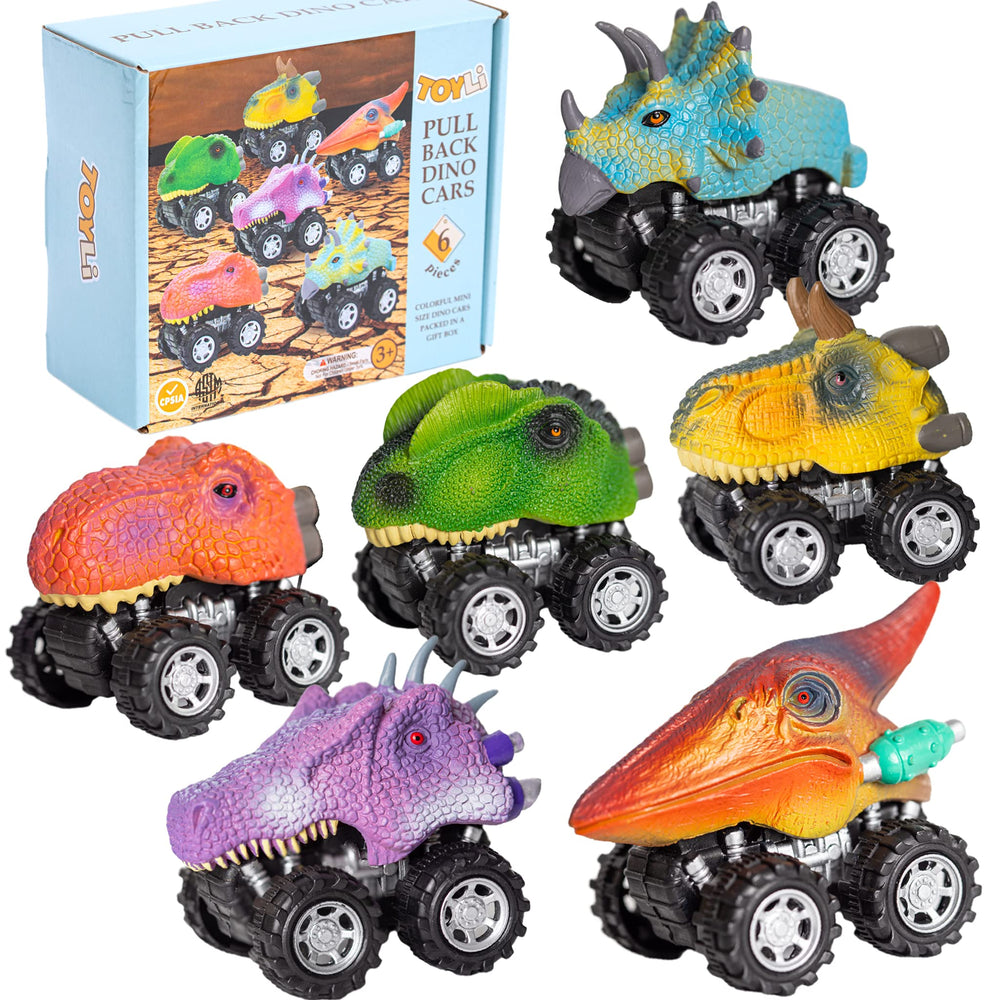 TOYLI pull-back dino car 6-pack box view showing battery-free play.