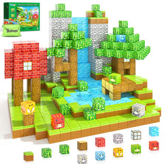 Toylogy 100-piece magnetic blocks forming a dinosaur mine forest scene for imaginative play