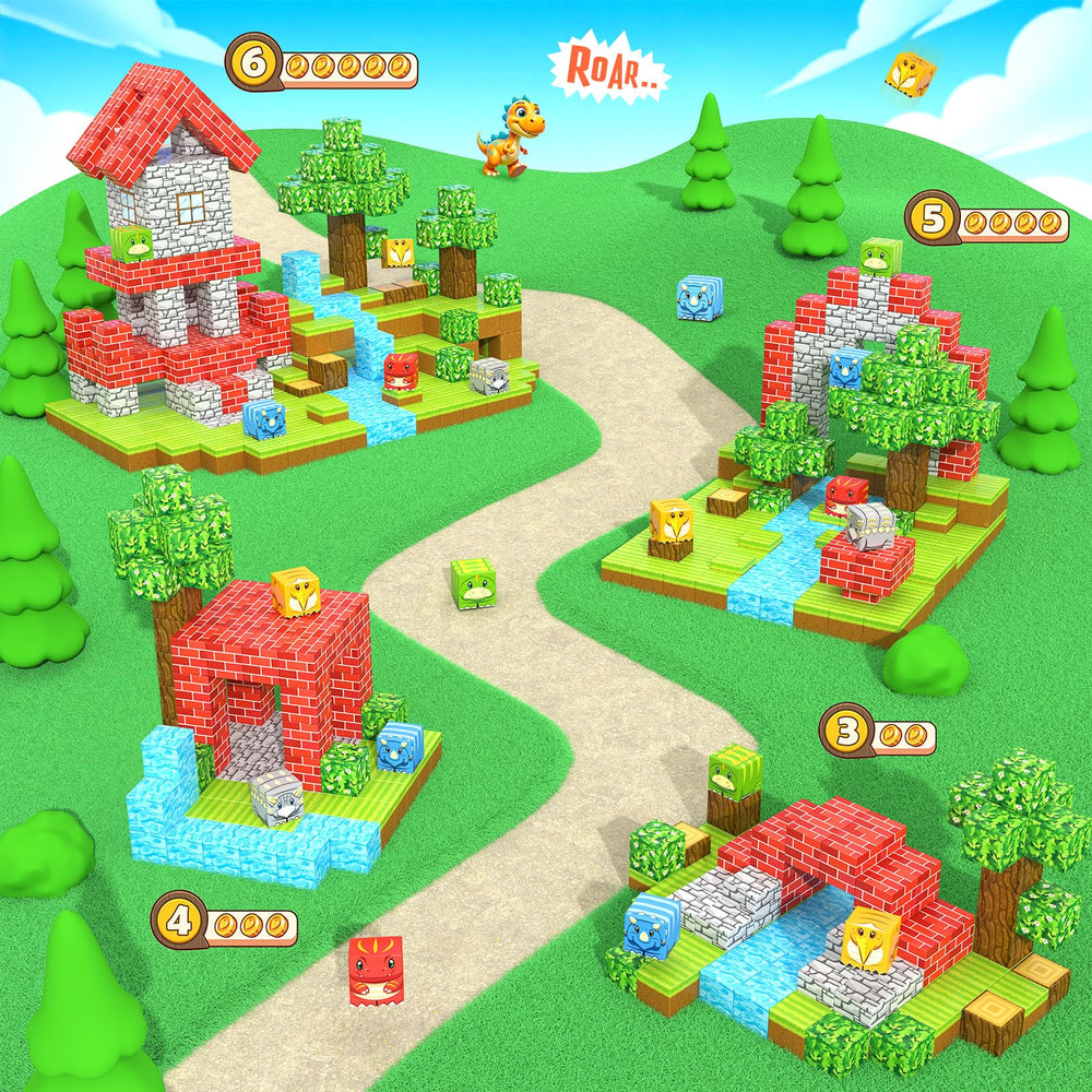 Toylogy magnetic blocks shown in indoor and outdoor play setups for cooperative fun
