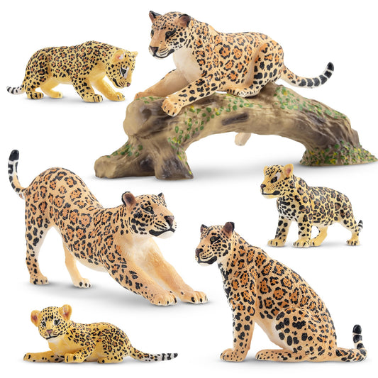 Toymany leopards family figurines with tree trunk for imaginative play and display.