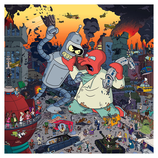 Toynk Futurama Bender vs Zoidberg puzzle cover—dramatic city scene for adult puzzle fans.