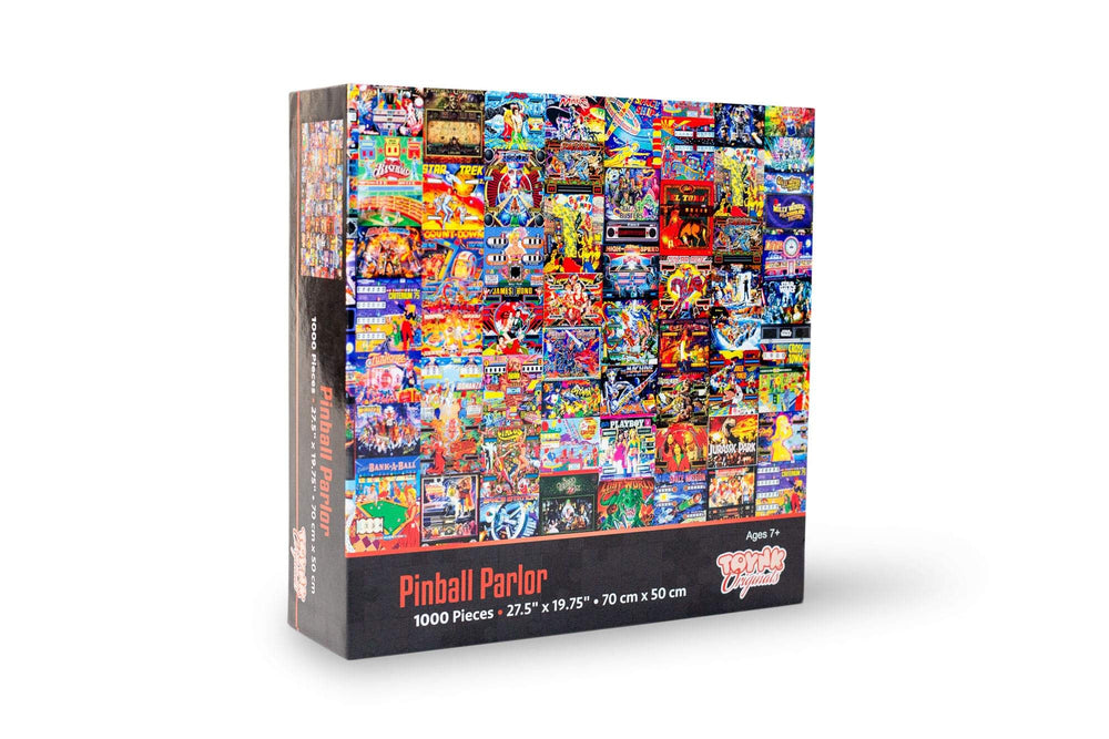 Toynk Pinball Parlor Puzzle collage detail reveals classic 80s-90s arcade scenes for retro fun.