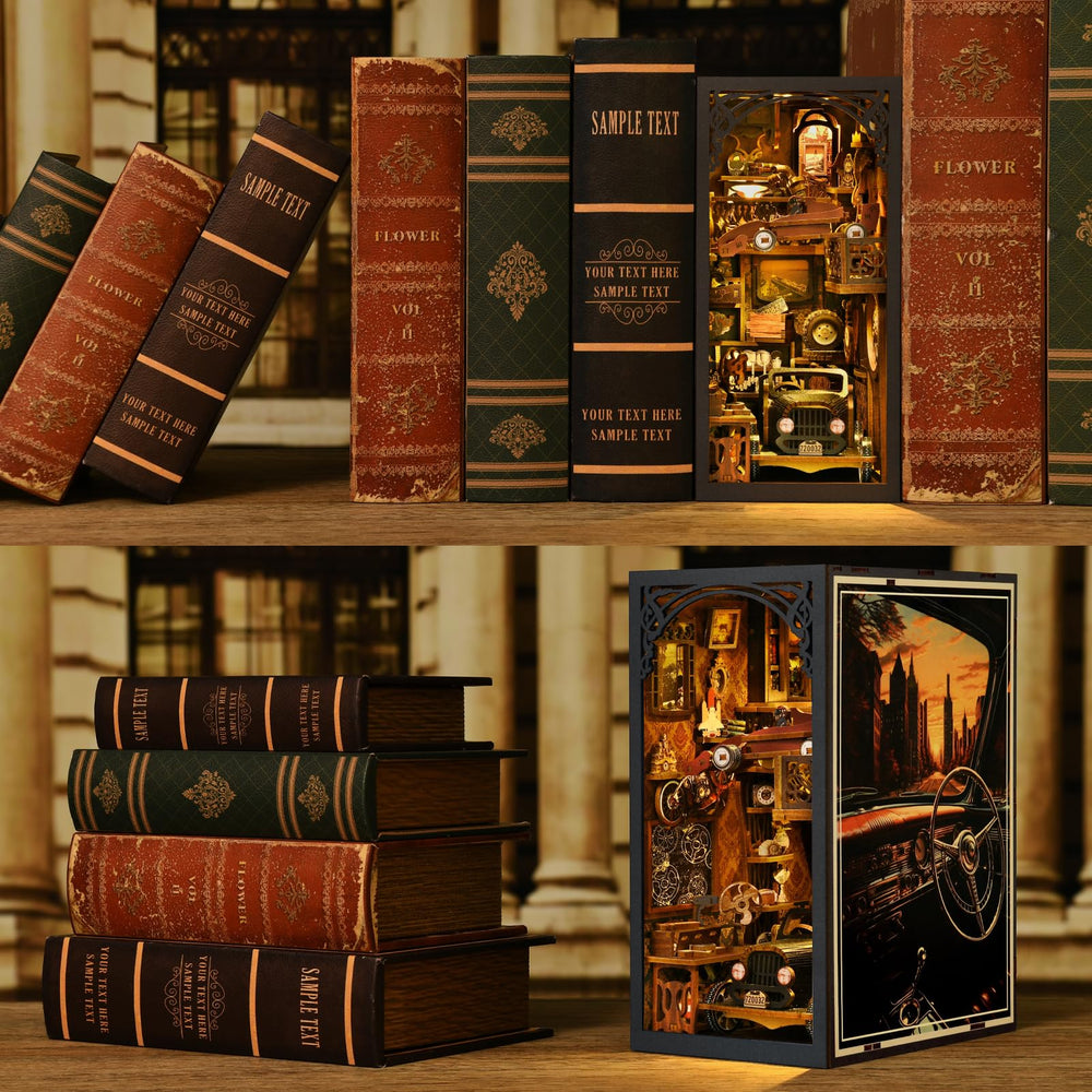 TOYQI book nook on shelf shows practical bookend and captivating miniature world.