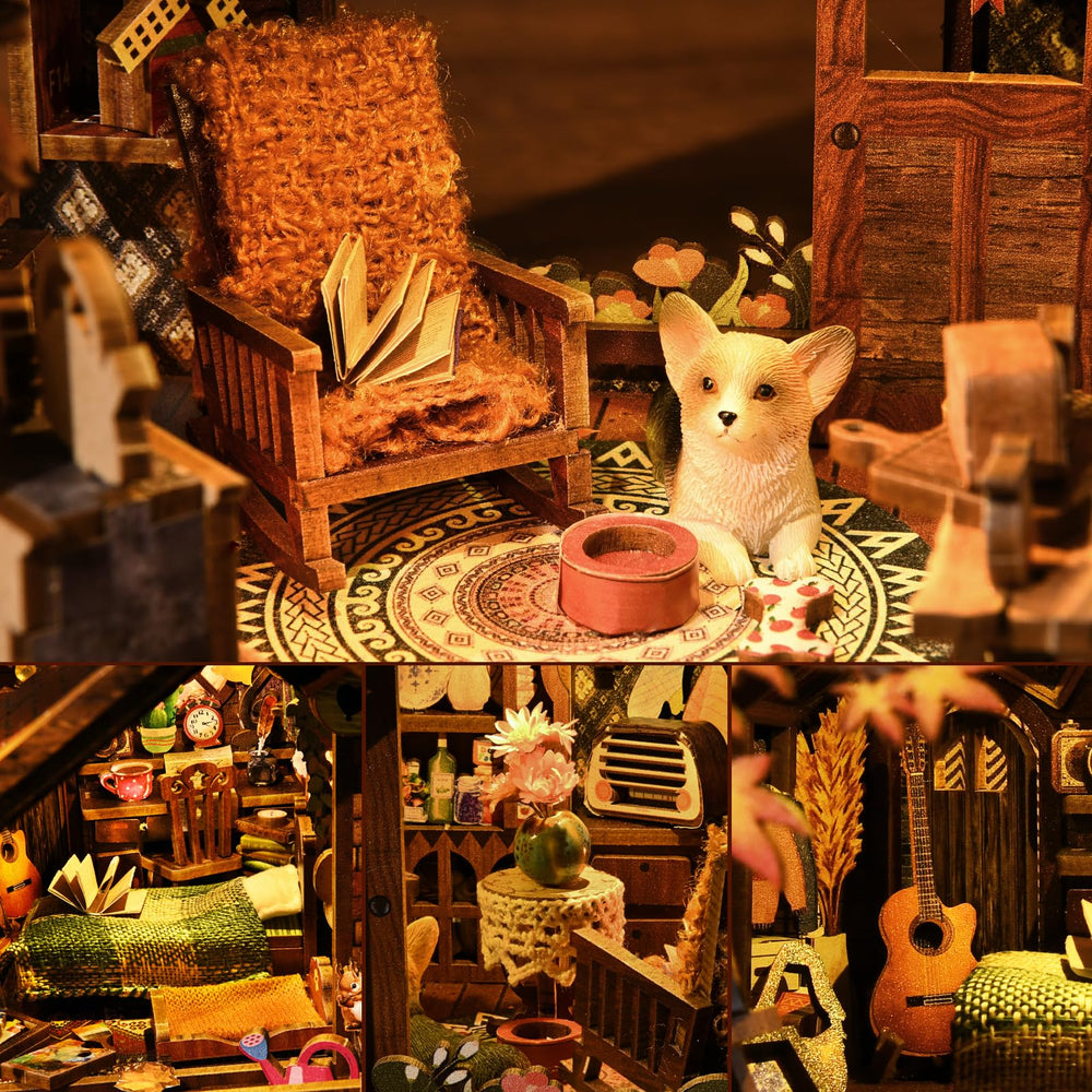 TOYQI Book Nook Kit fireplace glow adds warm ambiance on your desk.