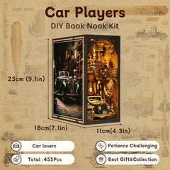 TOYQI Book Nook Kit side detail highlights the workshop tools and miniature garage vibe.
