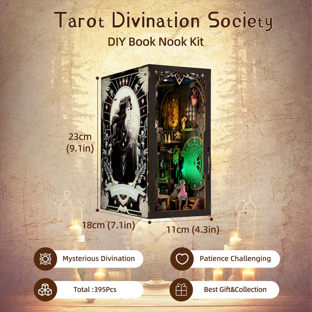 TOYQI DIY Book Nook Kit LED illumination highlights the tarot world