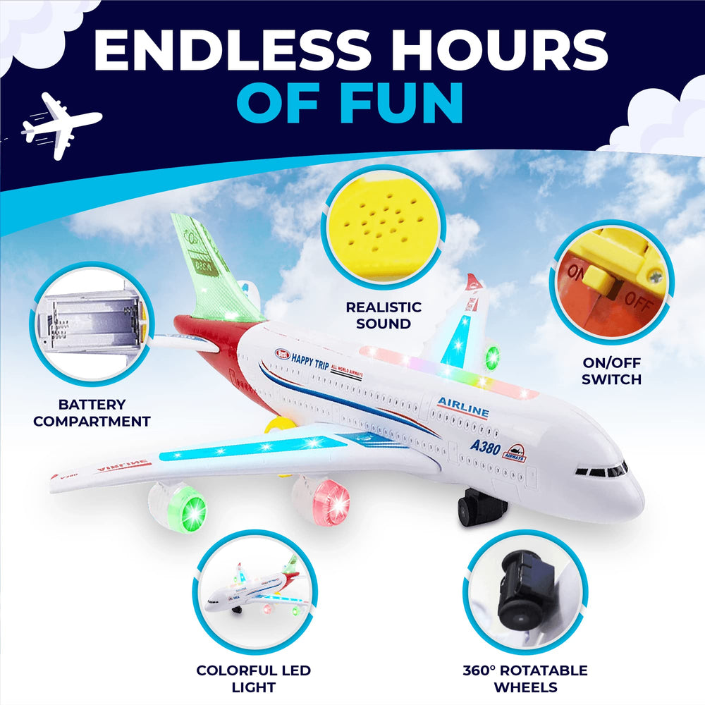 Toysery bump-and-go airplane sensor helps navigate obstacles during play.