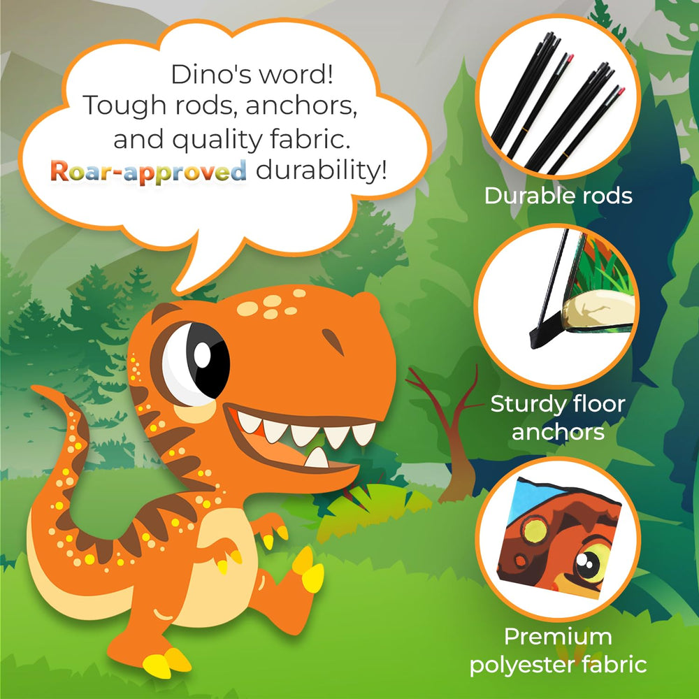 Toysical Dinosaur Discovery Tent open doors illustrate easy access for quick playtimes