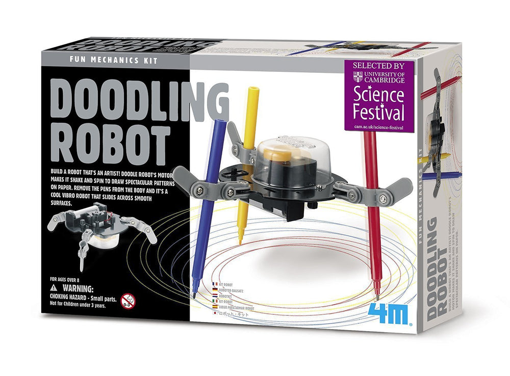 Toysmith 4M Doodling Robot in action doodling colorful patterns.