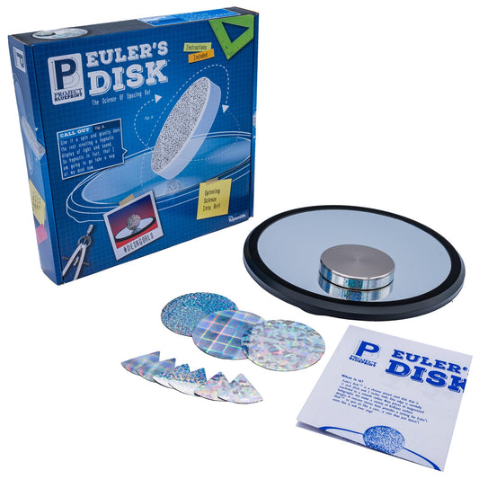 Toysmith Euler’s Disk chrome disk spins on a mirrored base for mesmerizing light display.