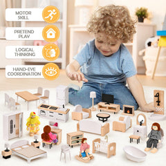 Toyssa dollhouse bedroom set with bed and wardrobe for organized play spaces.