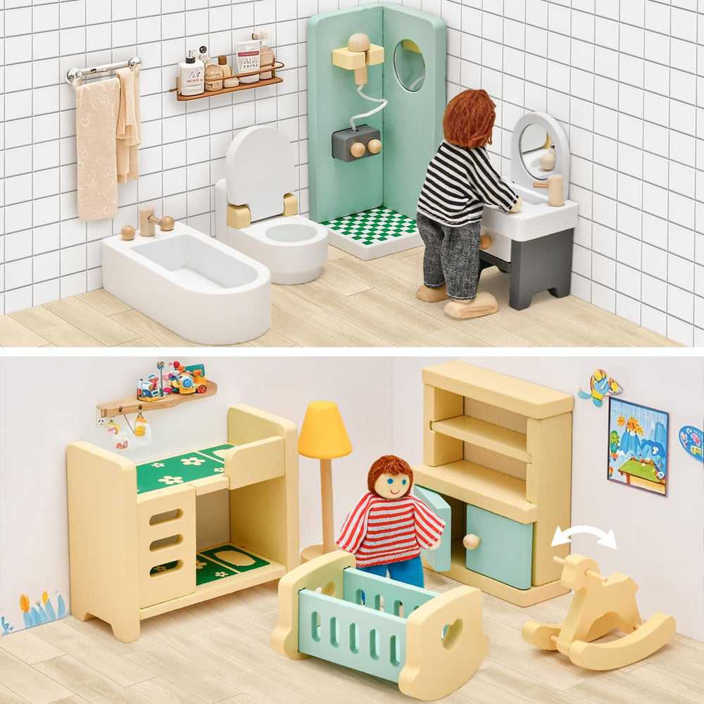 Toyssa baby room crib and rocker, supports nurturing play scenarios