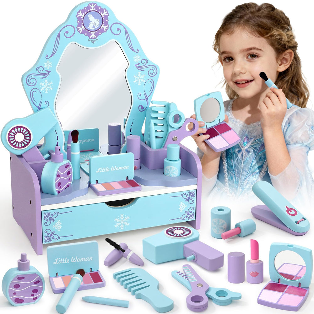 Toyssa wooden vanity table with large mirror fosters imaginative grooming play.