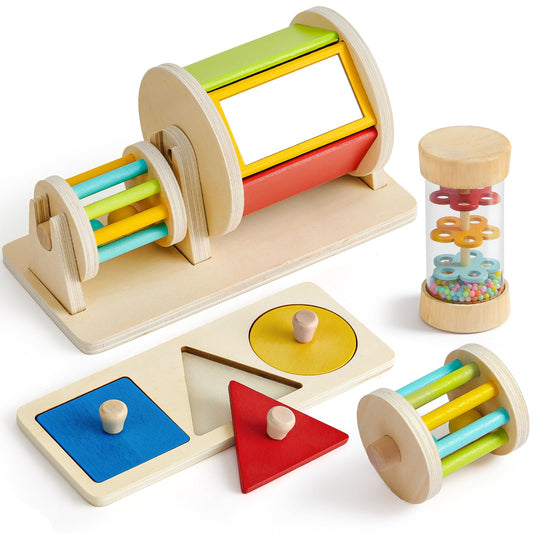 Toyssa wooden Montessori spinner drum boosts baby hand-eye coordination.