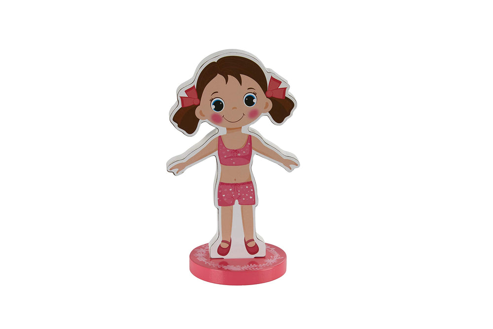 TOYSTER'S wooden doll with display stand showcases outfits neatly