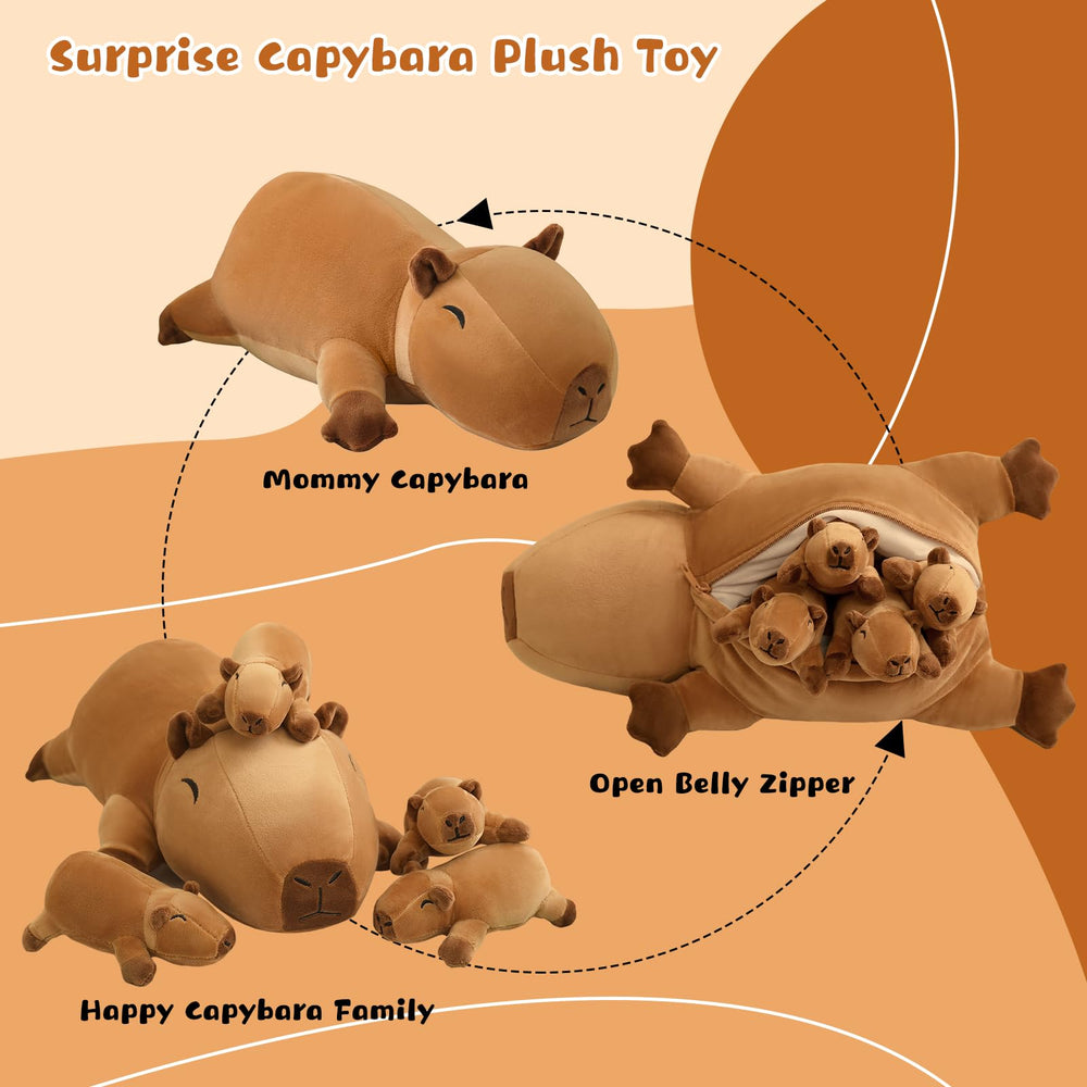 TOYSYM Capybara plush includes four removable babies for imaginative play.